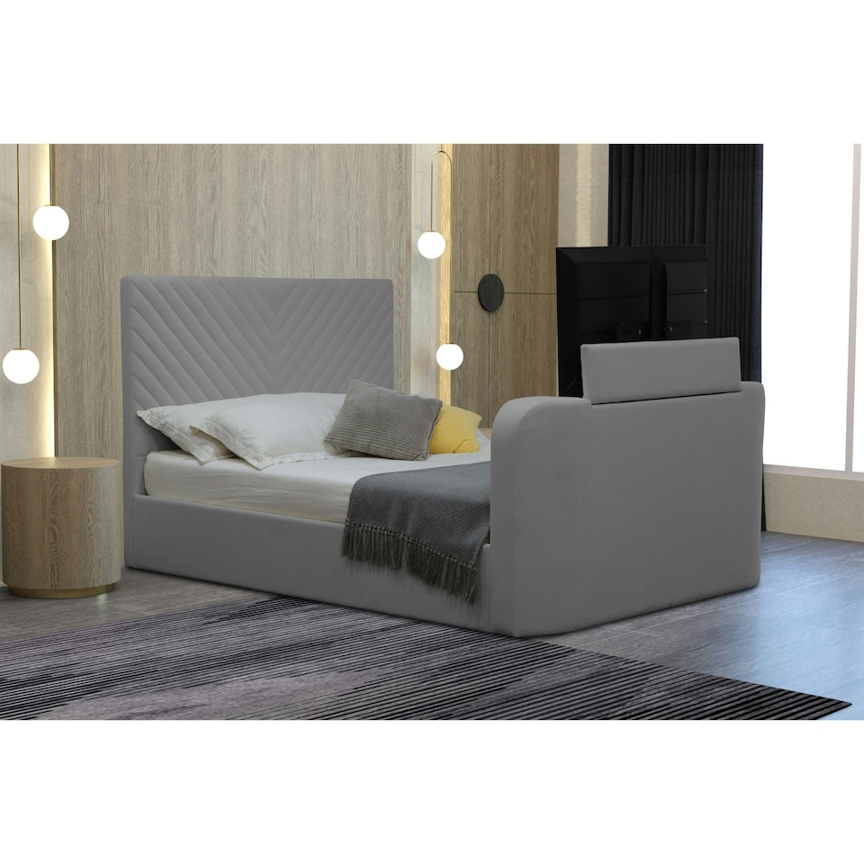 image 1 of Grey Velvet Criss Cross Ottoman TV Bed With Storage Smart Bed With Remote Control TV Footboard Operation – King Size