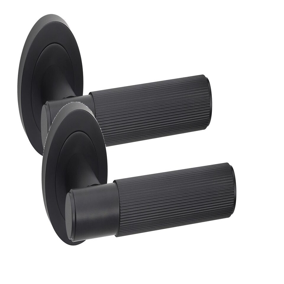 image 1 of Golden Grace 1 Pair Modern Linear T-Bar Euro Lock Door Handles in Matt Black Finish with 70mm Key and Thumbturn Barrell | Black | 1 Set