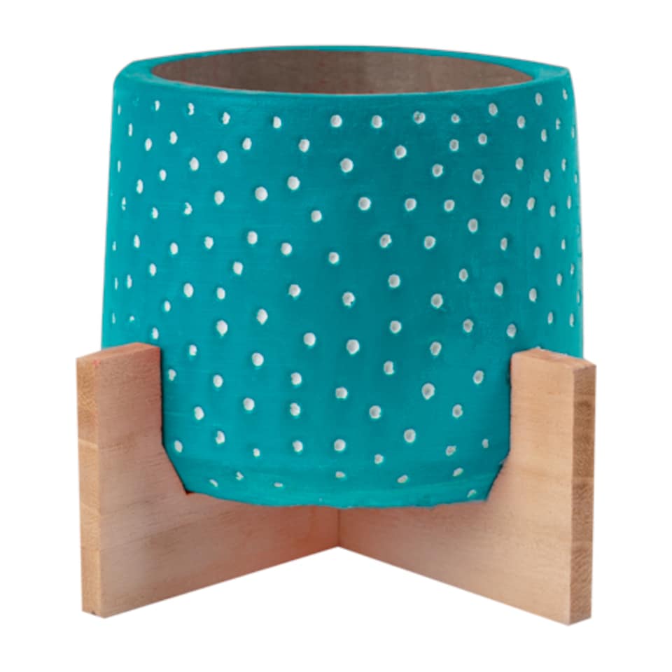 Ceramic Spotty Planter on Wooden Stand | Blue | Blue | S | 1