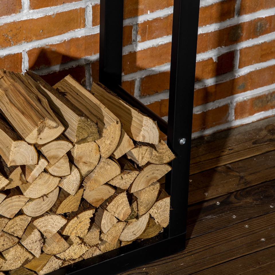 image 1 of HOMCOM Metal Firewood Log Holder Tall Firewood Rack Indoor Outdoor Fireplace Wood Storage Shelf with Side Rails, RustResistant, Black, 60W x 25D x 150H cm