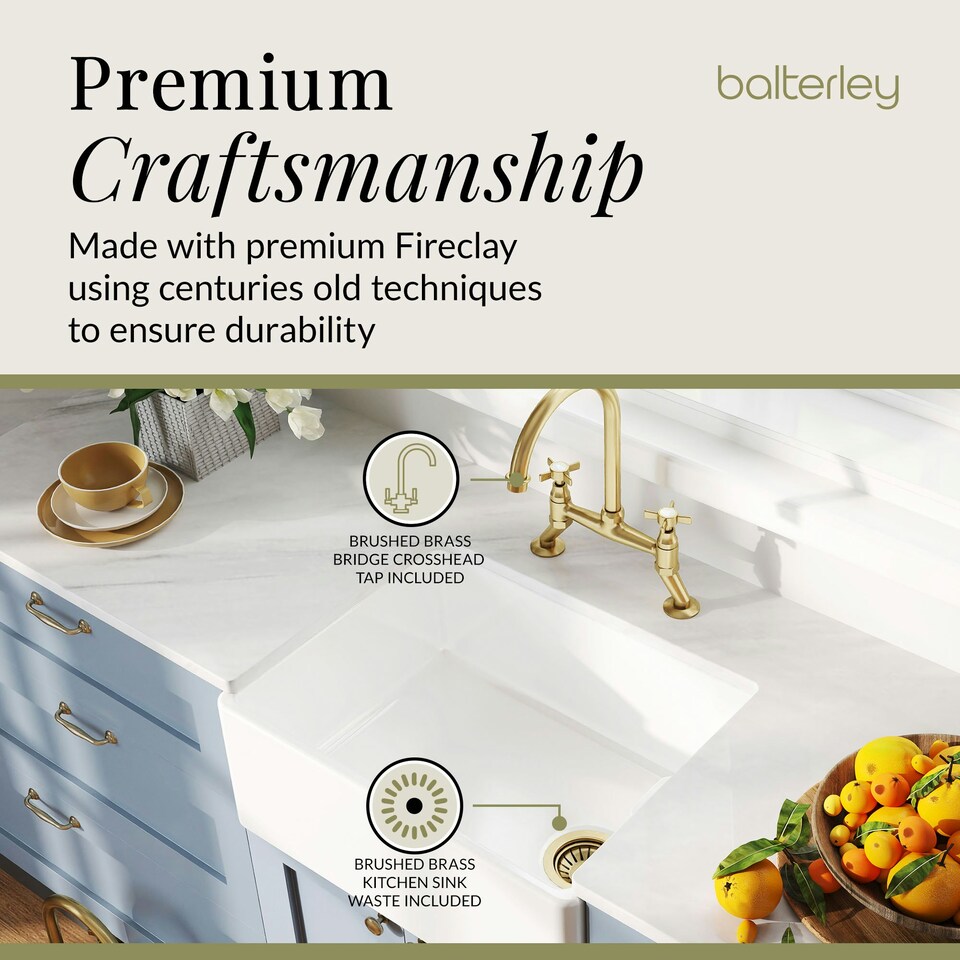 image 1 of Fireclay Kitchen Bundle - Single Bowl Belfast Sink, Strainer Waste & Bridge Crosshead Tap, 595mm - Brushed Brass - Balterley