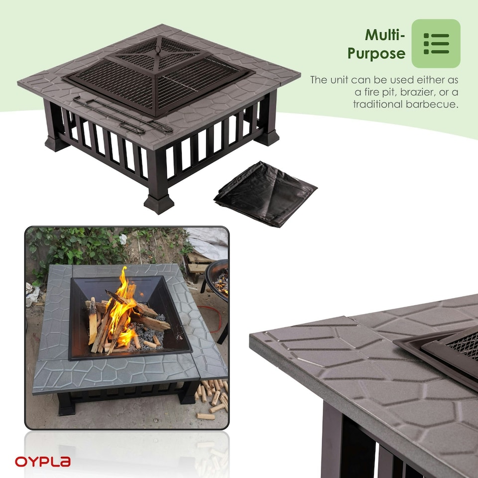image 1 of Oypla Firepit Table Brazier Outdoor Garden Patio Heater BBQ Barbecue Grill with Cover