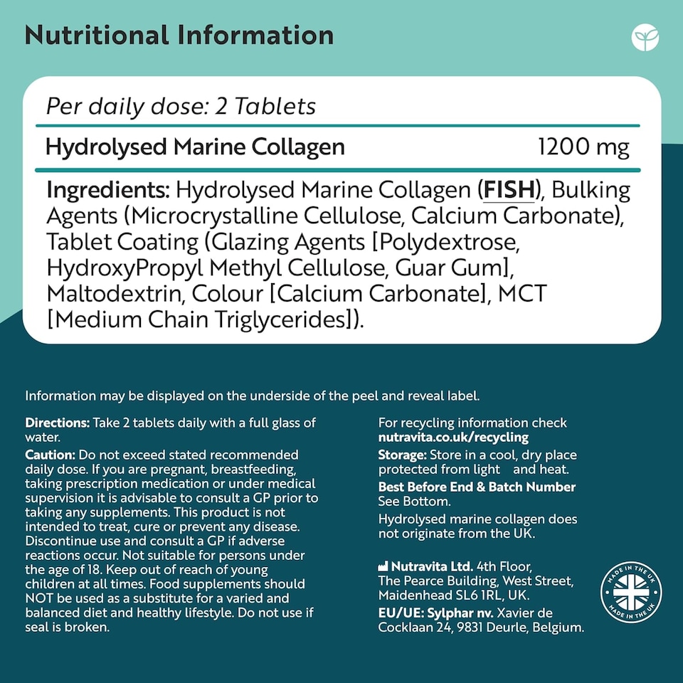 image 1 of Nutravita Pure Marine Collagen 1200mg Bioavailable Hydrolysed Collagen Peptides - Collagen Supplements for Women - 2 Months Supply - 120 Tablets