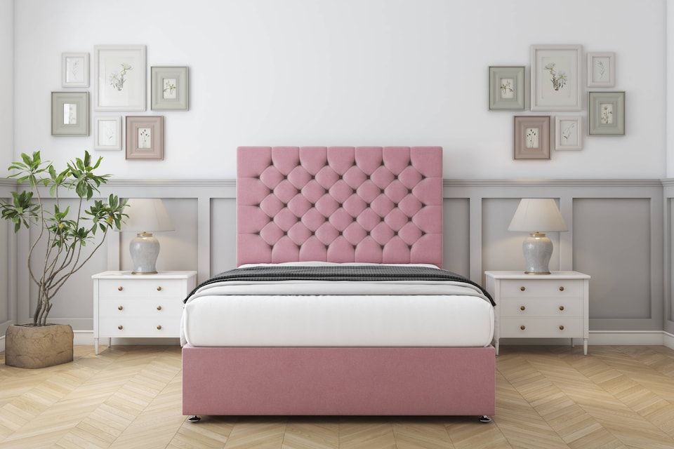 image 1 of Sloomy Mayfair Pink Plush Divan Bed With Mattress No Drawers With 54" Floor Standing Headboard 4' Small Double | Pink | Pink | Small Double | 1