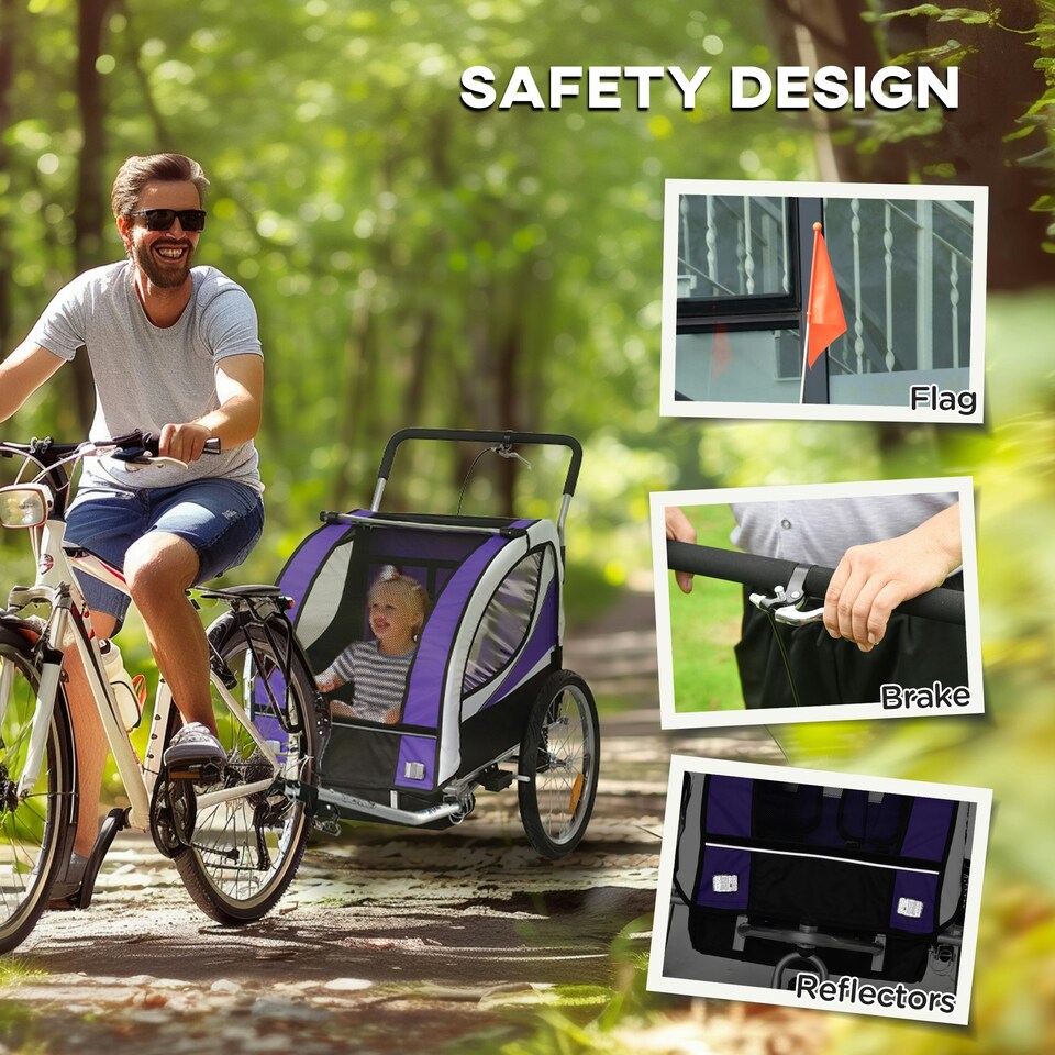 image 1 of HOMCOM 2 Seat Child Bike Trailer, Baby Bicycle Trailer for 2 Kids, Purple