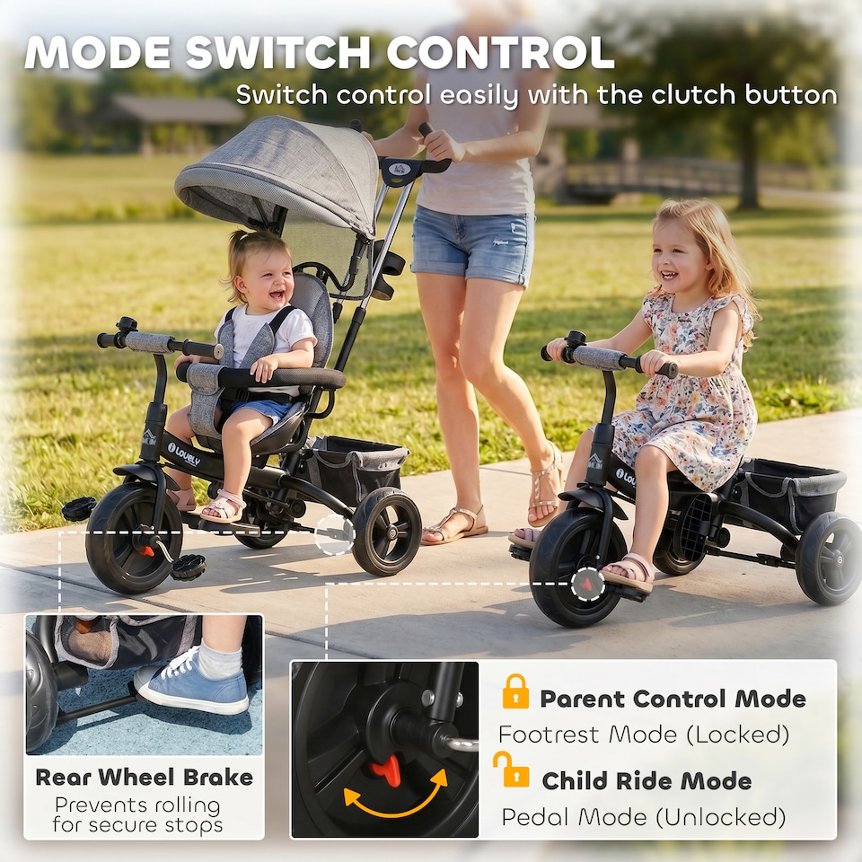 image 1 of HOMCOM 6 in 1 Kids Trike, Storage, Brake, Stroller with Parent Handle, Grey