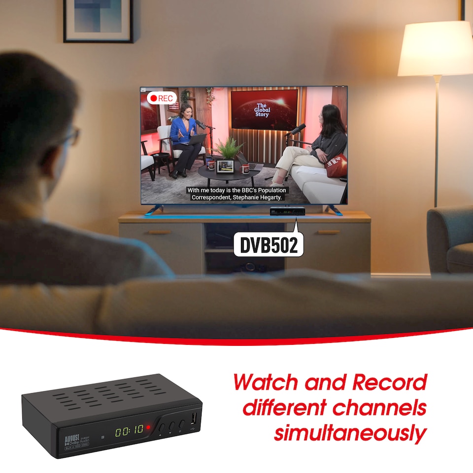 image 1 of Twin Tuner PVR Freeview HD Set Top Box- Record 2 Channels Simultaneously- 256GB SSD Storage, USB PVR & Media Player- August DVB502