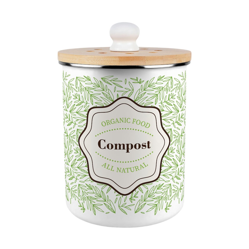 image 1 of Organic Green Leaves Compost Caddy - Metal 2L Decorative Kitchen Food Waste Bin