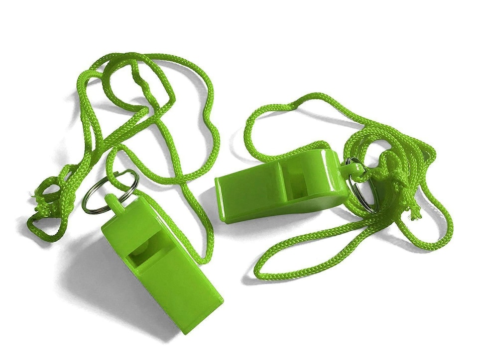 image 1 of Bag of 100 Green Plastic Whistles with Lanyard Neck Cord