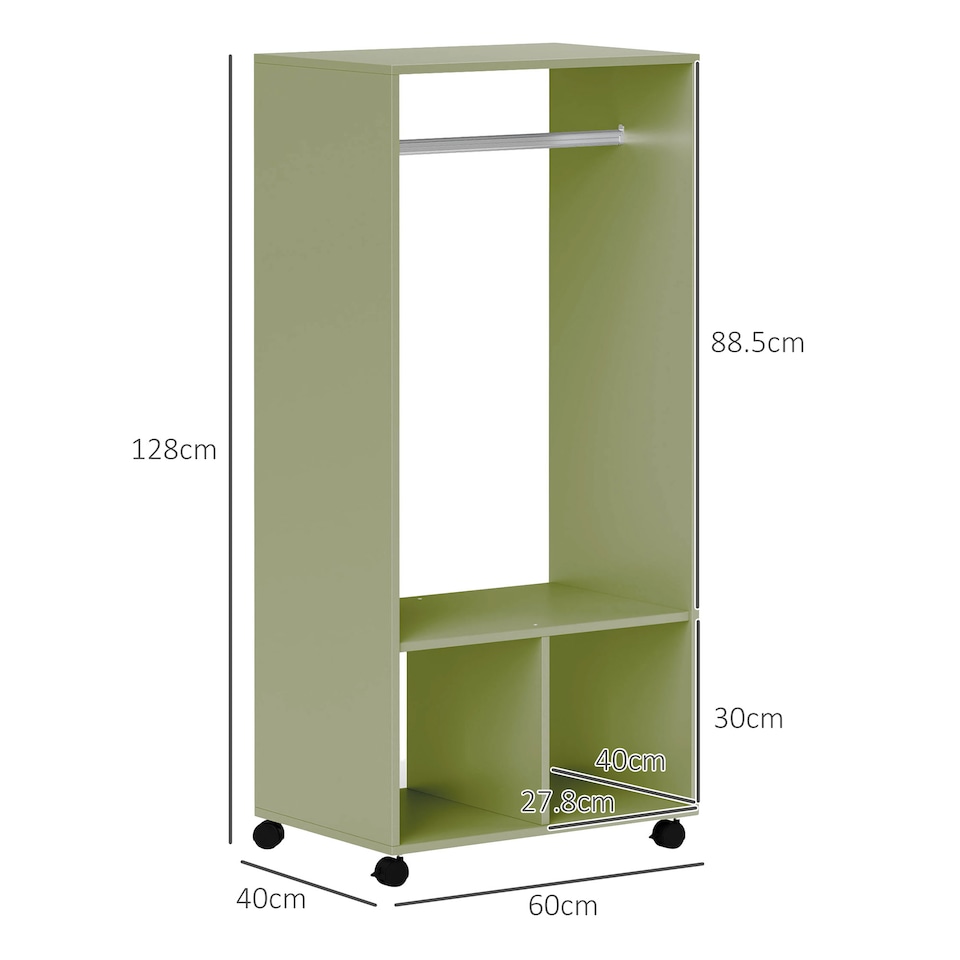 image 1 of HOMCOM Open Wardrobe on Wheels, Bedroom Wardrobe with Clothes Hanging Rail, 2 Storage Shelves, Mobile Garment Rack for Cloakroom, Hallway, Green | Green