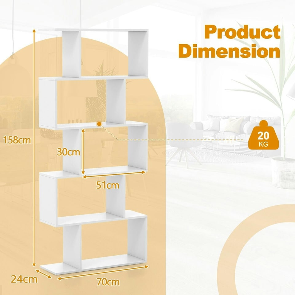 image 1 of COSTWAY 5-tier Bookcase S-Shaped Bookshelf Display Rack White White