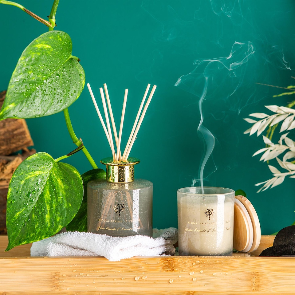 image 1 of Nicola Spring Scented Candle & Reed Diffuser Set - 130g - Green Pomelo & Passion Fruit | Grey | Grey