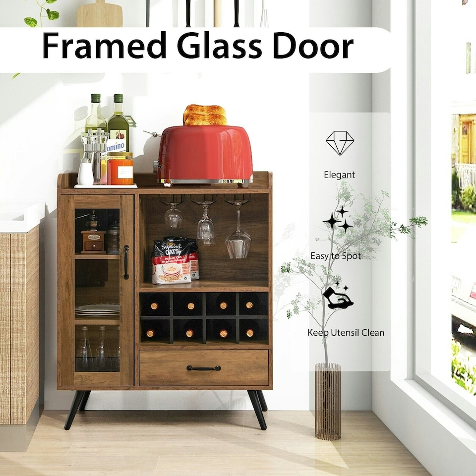 image 1 of COSTWAY Kitchen Storage Cabinet Wine Cabinet Sideboard Grey