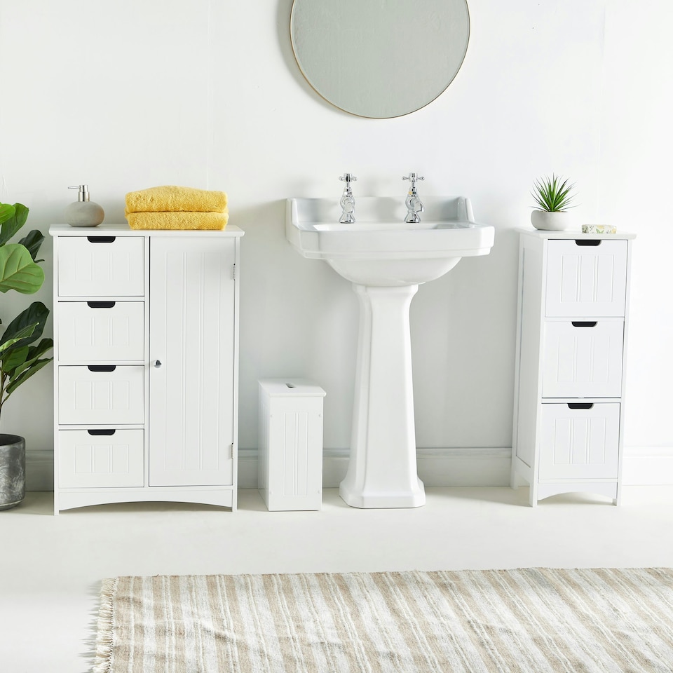 image 1 of VonHaus Holbrook White Bathroom Floor Cabinet with 4 Drawers