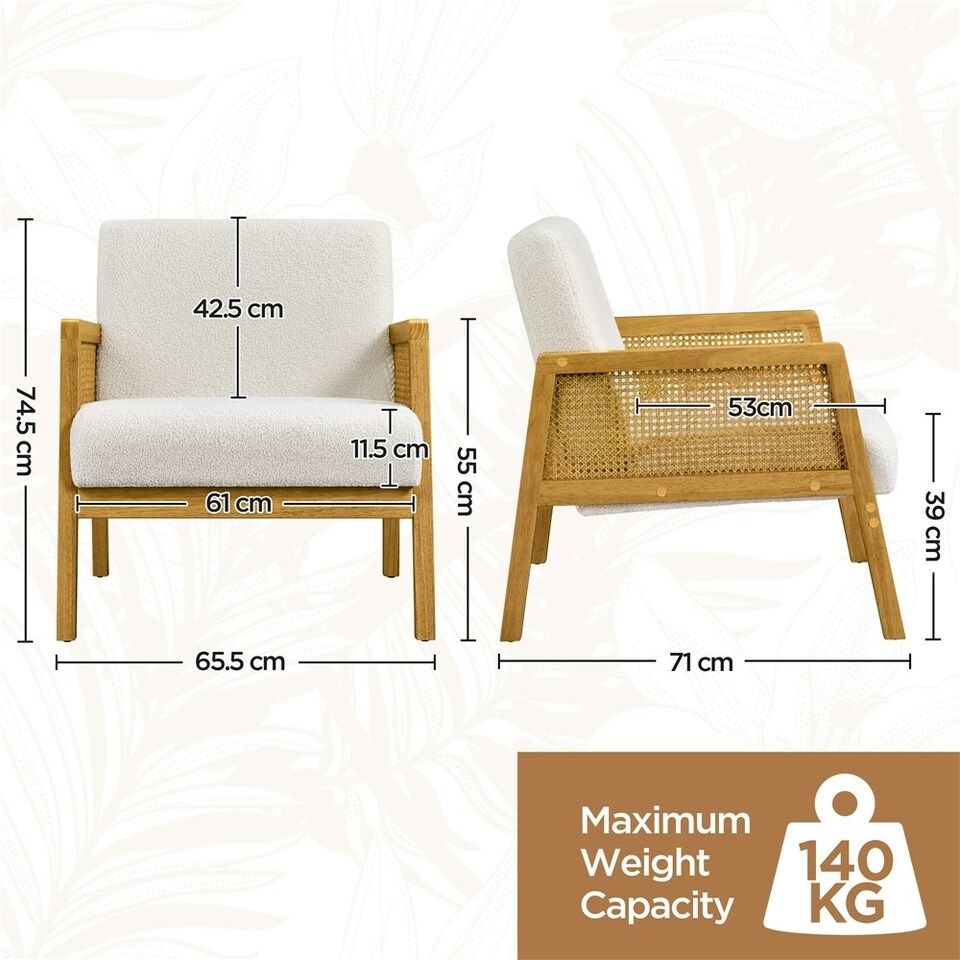 image 1 of Yaheetech Fabric Accent Chair with Rattan Sides Rubberwood Legs | White | Ivory