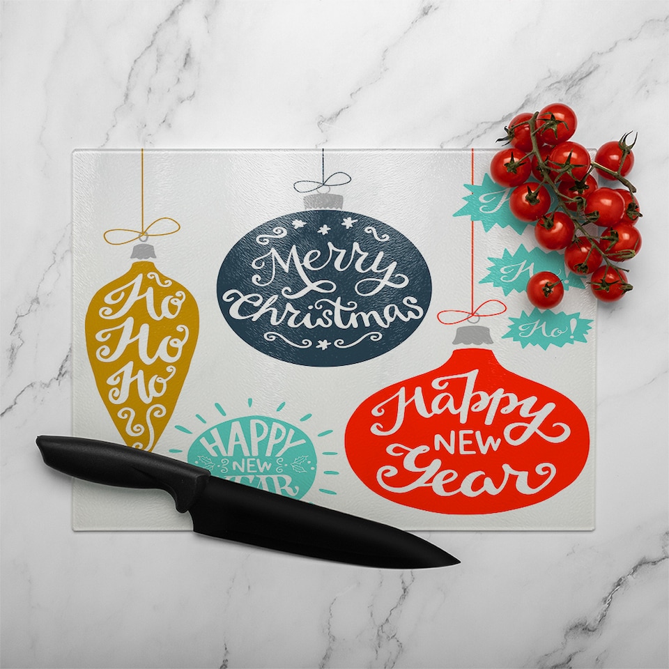 image 1 of Vintage Christmas Baubles With Merry Christmas Dining Glass Chopping Board | Multi