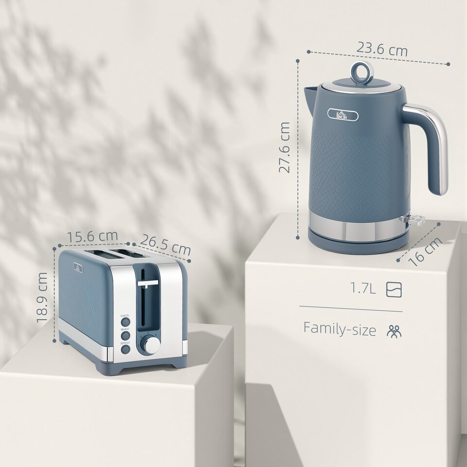 image 1 of HOMCOM Kettle and Toaster Set, 1.7L 3000W Rapid Boil Jug Kettle with Otter Thermostat, Limescale Filter, 2 Slice Toaster with 7 Browning Controls, Crumb Tray, Blue | Blue