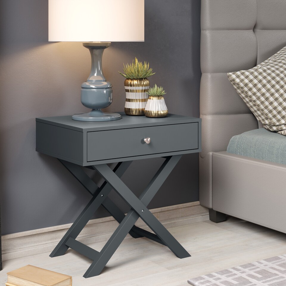 image 1 of Options 1 Drawer X-Frame Bedside Table - Painted Finish, Polished Metal Handle | Blue | Blue | One Size | 1