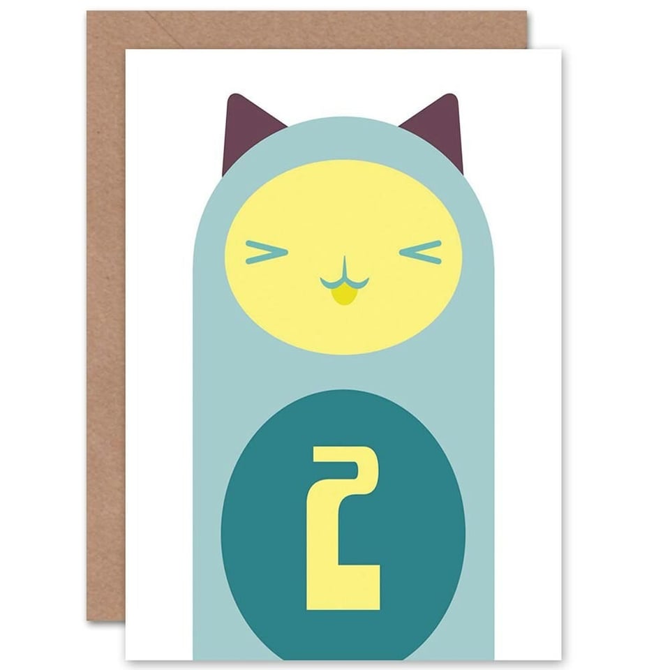image 1 of Cute Geometric Cat Cartoon Age 2 Year Old Child Kids 2nd Birthday Card