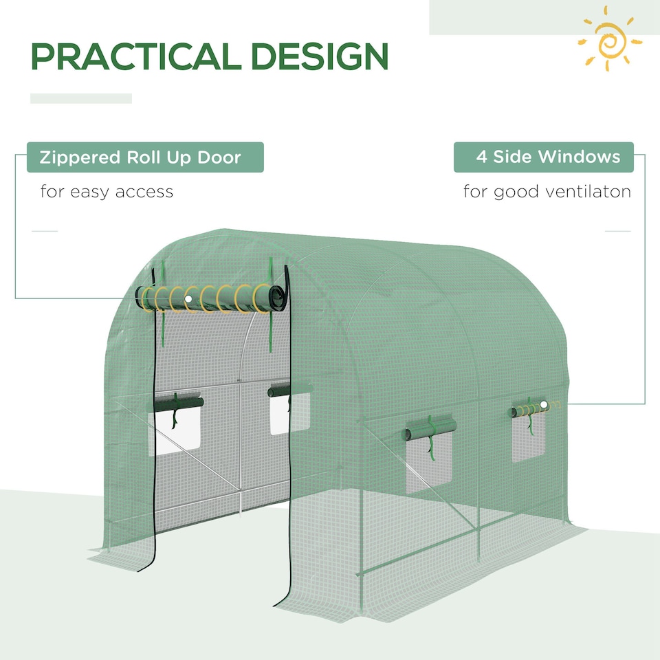 image 1 of Outsunny 2.5 x 2m Walk-In Polytunnel Greenhouse with Roll Up Door Windows Green