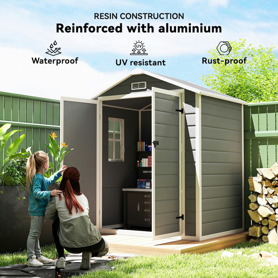 image 1 of Outsunny Garden Shed 6'x4.5' Plastic Tool Storage House w/ Lockable Double Doors