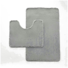 VELVETIO Faux Fur Bath Mat Set Shaggy Super Soft Plush Anti Slip PVC Back Grey