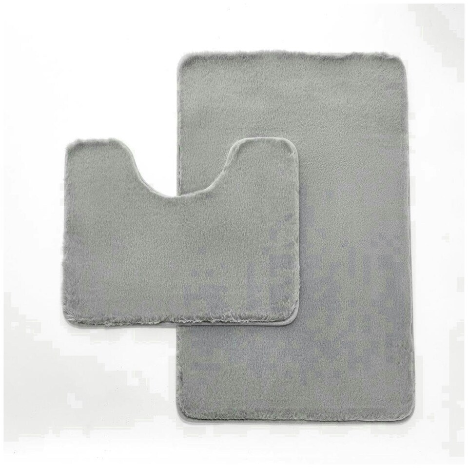 image 1 of VELVETIO Faux Fur Bath Mat Set Shaggy Super Soft Plush Anti Slip PVC Back Grey