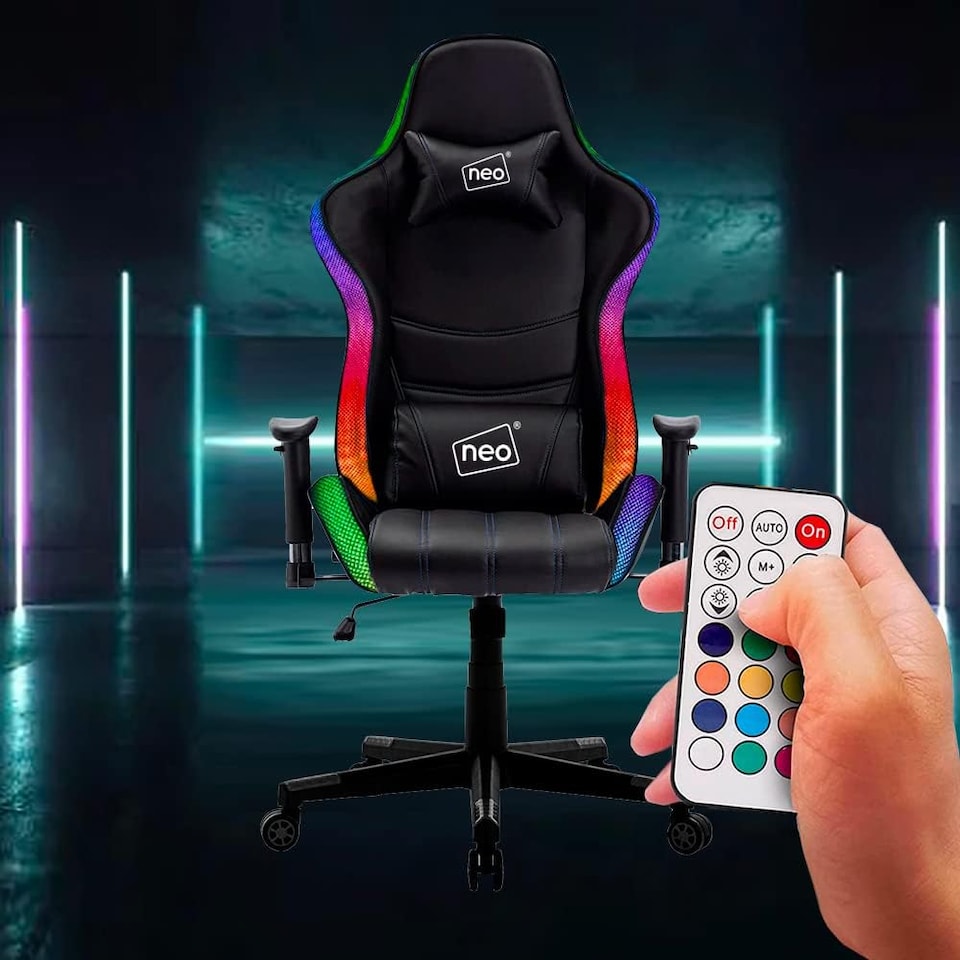 image 1 of Neo Black Leather Gaming Chair with LED Lights