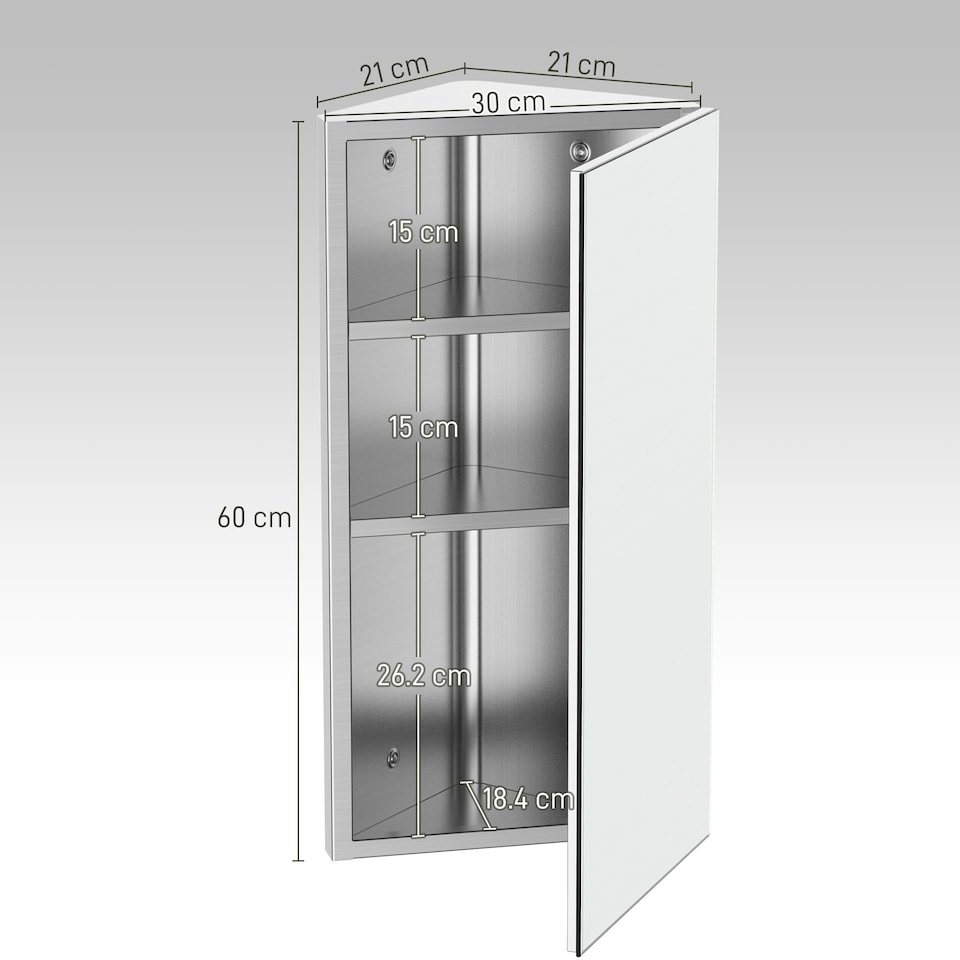 image 1 of HOMCOM Bathroom Corner Wall Mirror Storage Cabinet Cupboard Stainless Steel