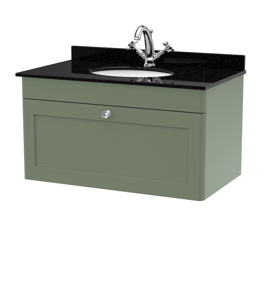 image 1 of Balterley Swynnerton Traditional 1 Drawer Wall Hung Vanity Unit with Marble Basin, Satin Green, 800mm