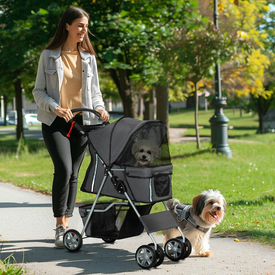 image 1 of PawHut Pet Stroller Carrier Foldable Deluxe Walk Travel Dog Dark Grey