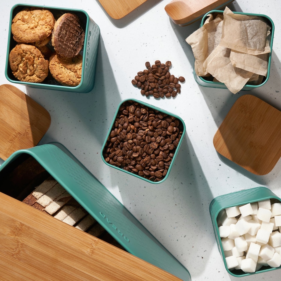 image 1 of Cooks Professional 5 Piece Square Kitchen Storage Cannister Set with Bamboo Lids | Blue | Teal