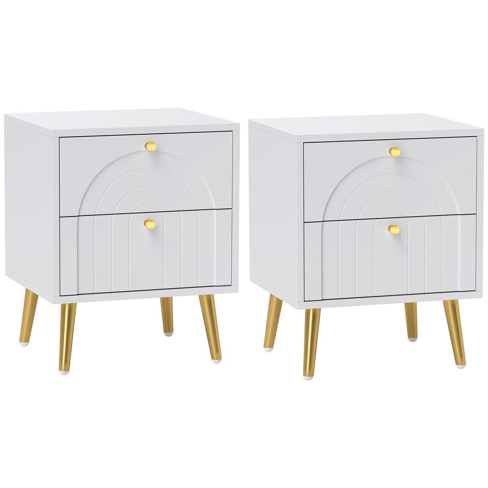 image 1 of HOMCOM Bedside Table Set of 2, Modern Bedside Cabinets with 2 Drawers and Steel Legs, Side Tables for Living Room, Bedroom, 40 x 35 x 50 cm, White