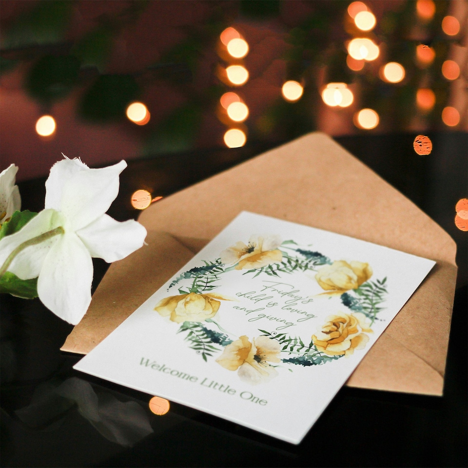 image 1 of Friday's Child Loving and Giving Floral Wreath New Baby Card