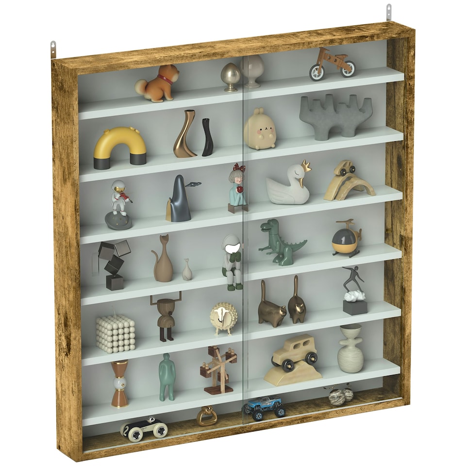 image 1 of HOMCOM 7-Tier Wall Display Cabinet w/ Shelves Glass Doors, Rustic Brown Brown