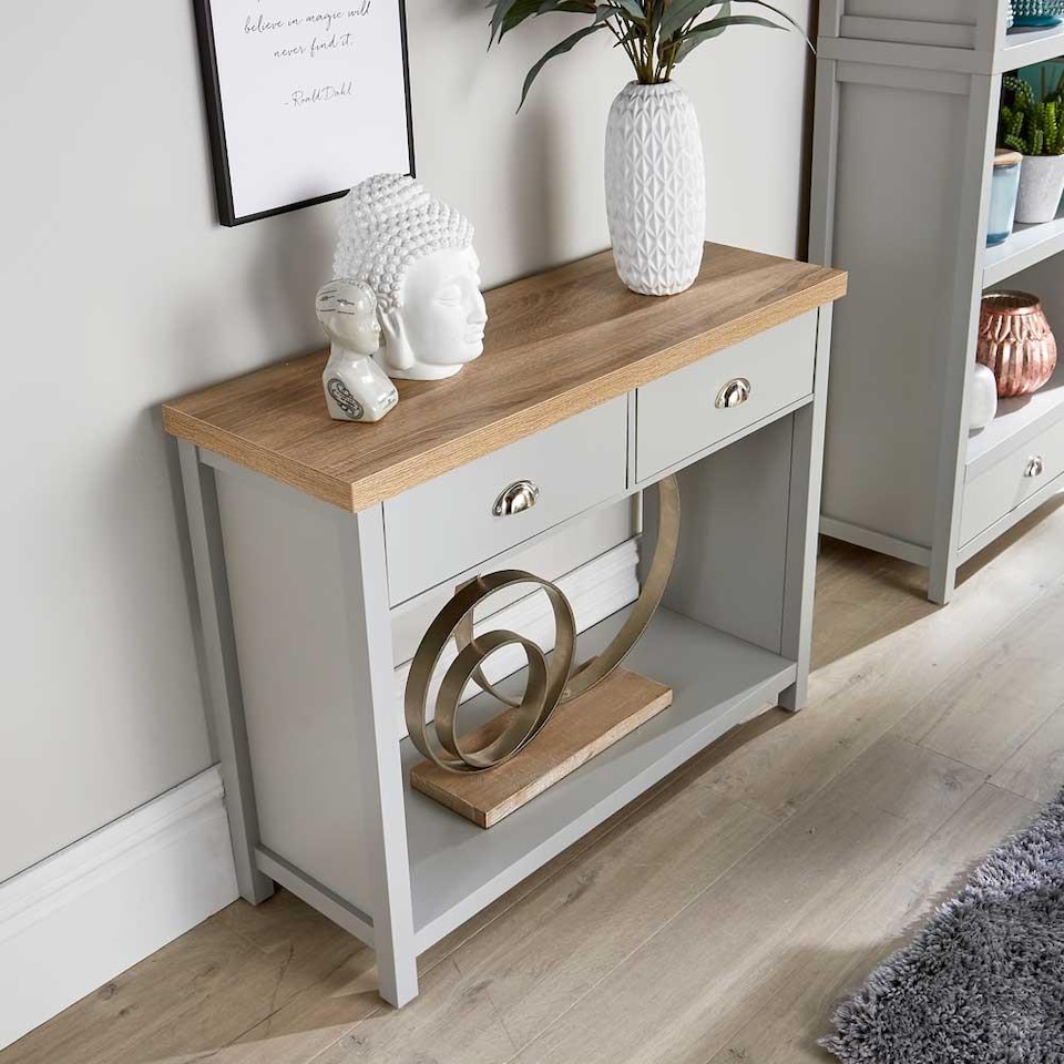 image 1 of Console Table 2 Drawer Telephone Table Metal Handles Hallway Storage | Grey