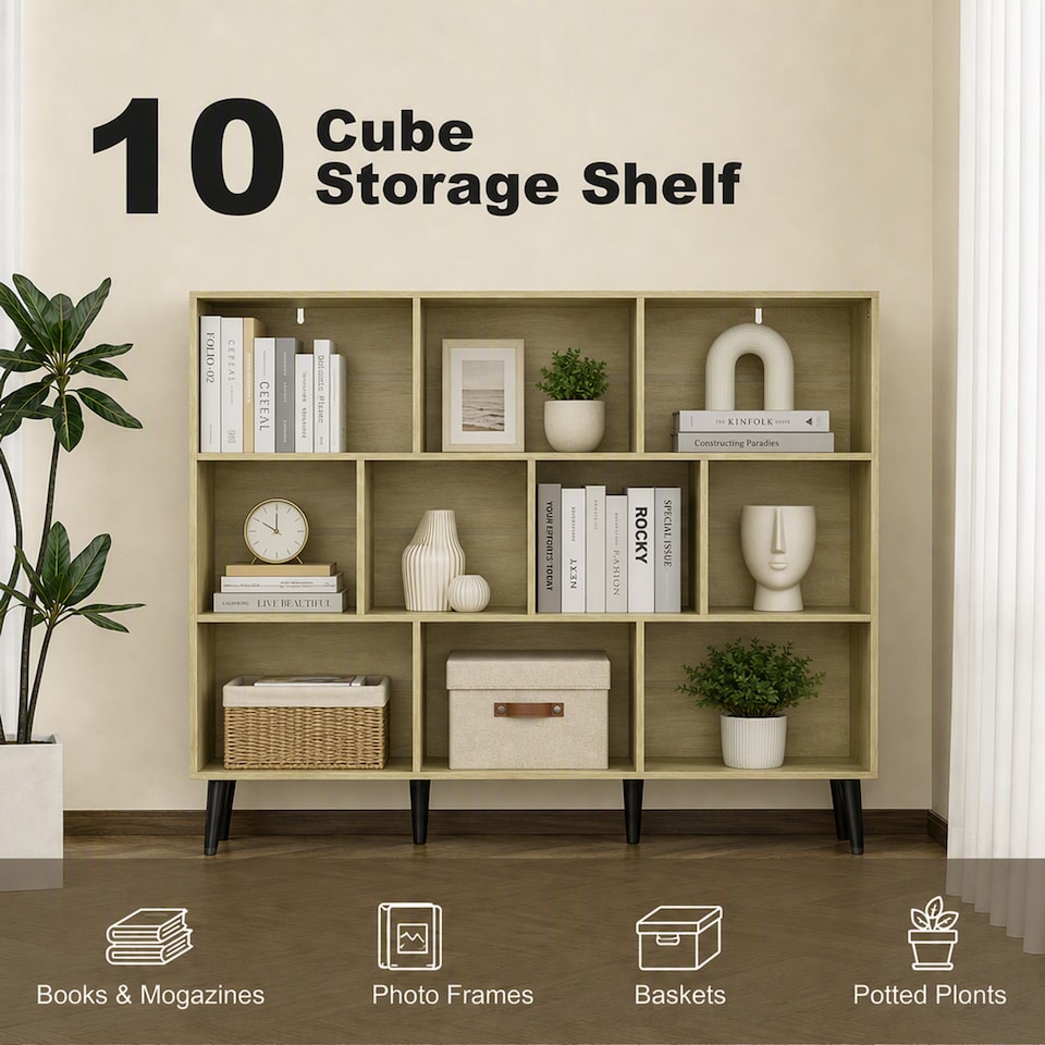 image 1 of HOMCOM 3-Tier Bookshelf with 10 Cubbies, Book Shelf with Wood Legs