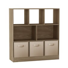 Asymmetrical 8 Oak Cube Bookcase Shelf Storage Unit with 3 Fabric Drawer Inserts | Multi | Oak & Beige Drawer | 1