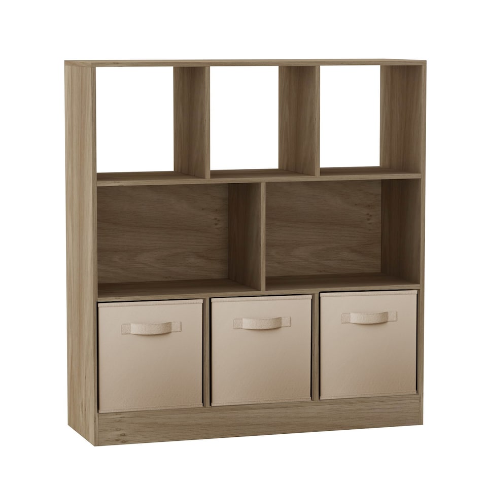 image 1 of Asymmetrical 8 Oak Cube Bookcase Shelf Storage Unit with 3 Fabric Drawer Inserts | Multi | Oak & Beige Drawer | 1