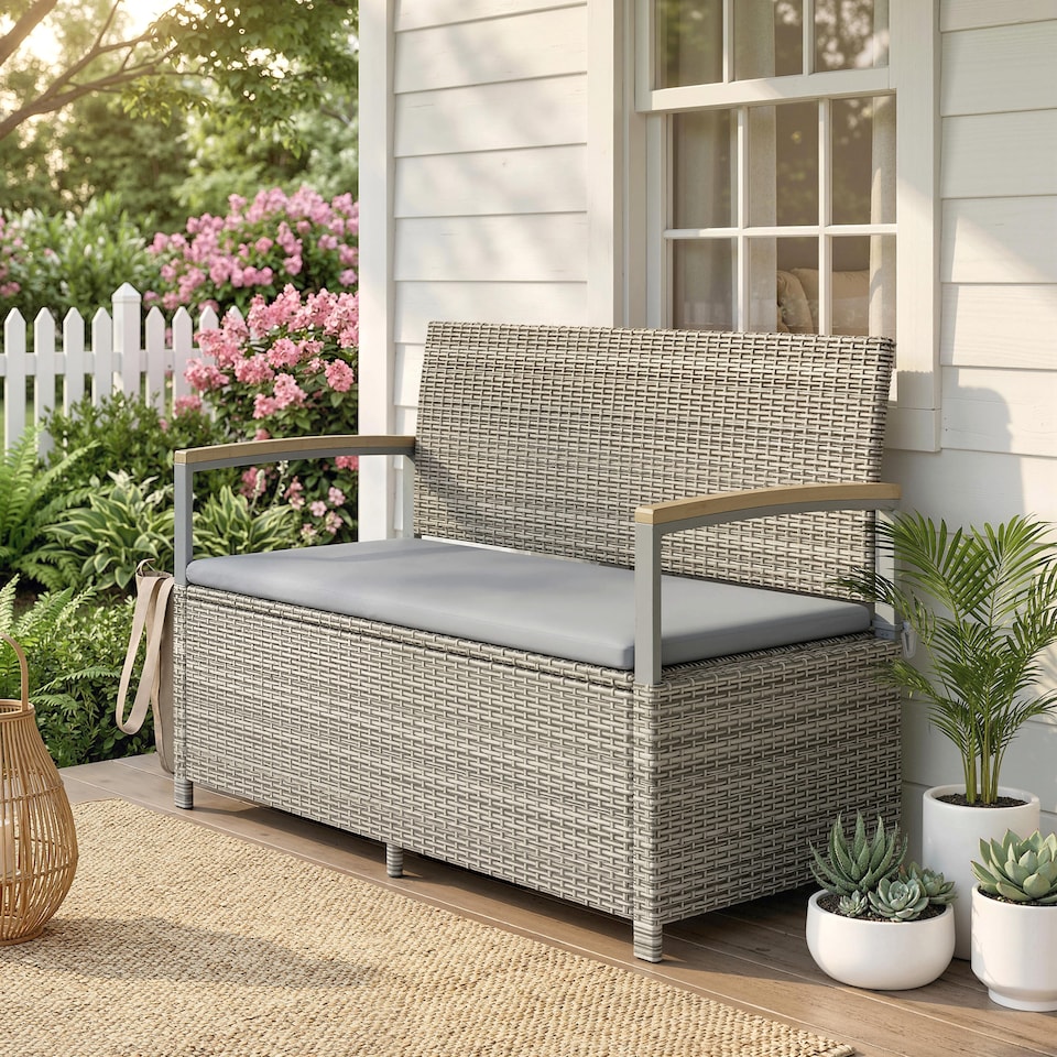 image 1 of Outsunny 170 L Rattan Garden Storage Bench with Cushion, Light Grey