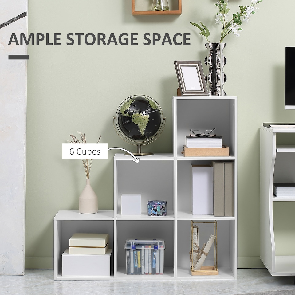image 1 of HOMCOM 3-tier Step 6 Cubes Storage Unit Particle Board Cabinet Bookcase Organiser Home Office Shelves - White