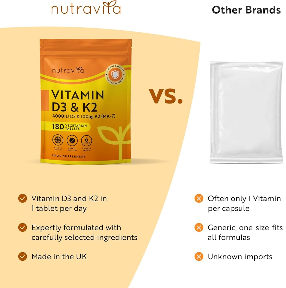 image 1 of Nutravita Vitamin D3 4000 iu & Vitamin K2 100mcg MK7 - High Strength Vitamin D Supplement for Bones, Muscles & Immune System - 180 Vegetarian Tablets
