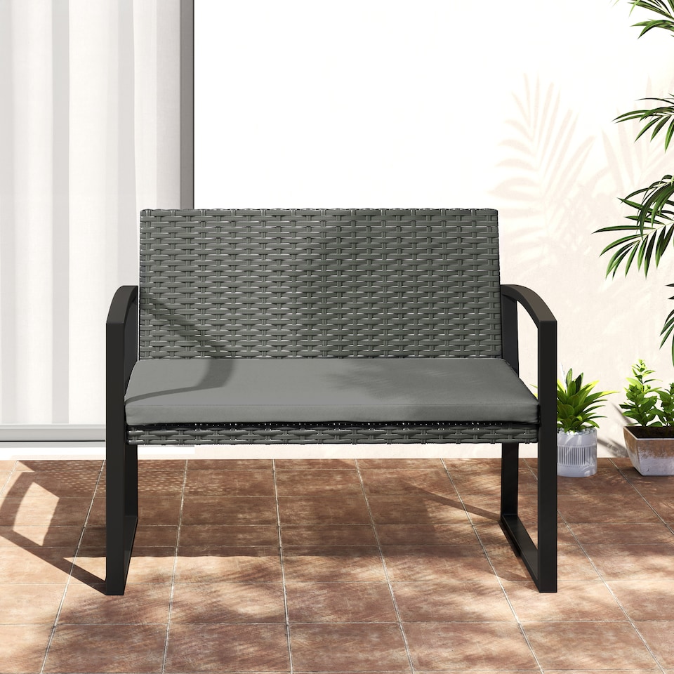 image 1 of Outsunny 2 Seater Rattan Garden Bench with Cushion, Steel Frame, Light Grey