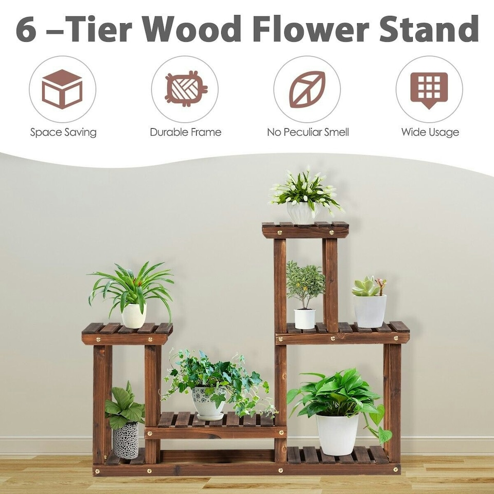 image 1 of COSTWAY Solid Wood Plant Stand Multi Layer Plant Pot Holder Brown