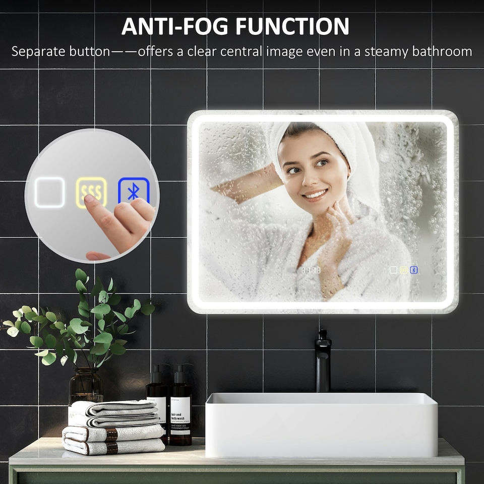 image 1 of HOMCOM 600 x 800 mm Illuminated Bathroom Mirror with Bluetooth Clock Silver | Silver | 80 x 60 x 3.5 cm | 1