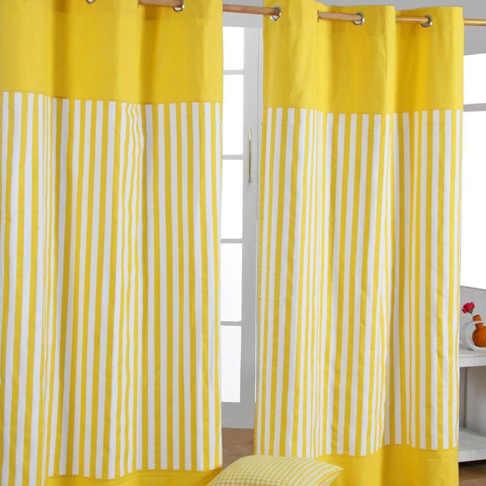 image 1 of Homescapes Thick Stripe Ready Made Eyelet Curtain Pair - 117 x 137 cm Drop | Yellow | Yellow