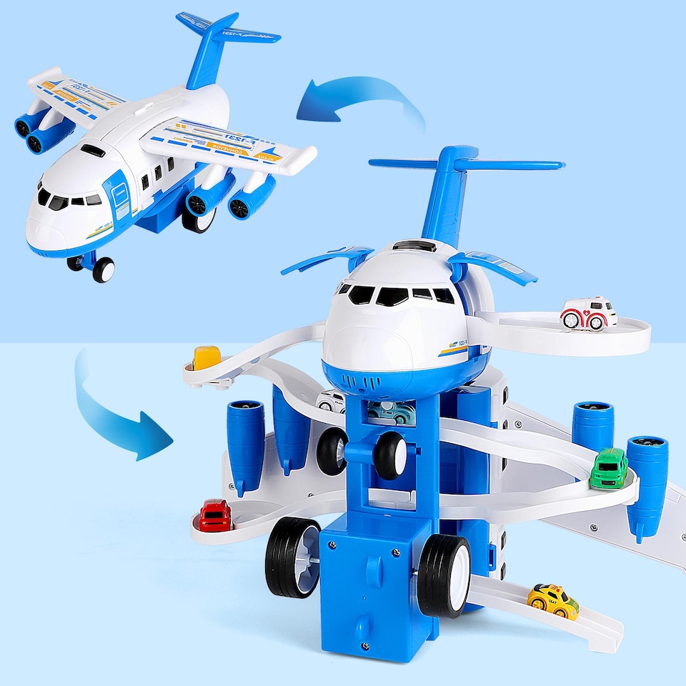 image 1 of Cargo Plane Transport Toy Set - Transformable Airplane with Ramp, Parking Garage, Repair Station, 6 Mini Cars & Helicopter - Educational Vehicle Playset for Kids Ages 3+, Perfect Boy Birthday & Christmas Gift