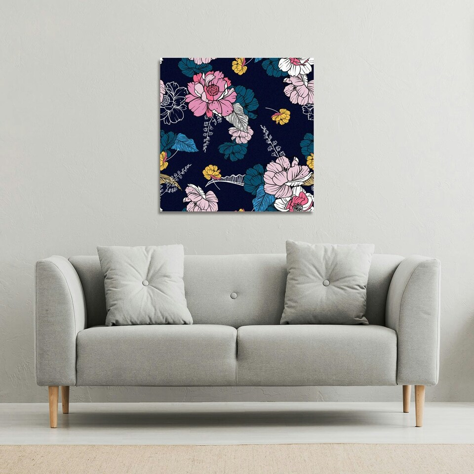 image 1 of Pink Flowers on Navy (Canvas Print) 77 x 77 x 4cm
