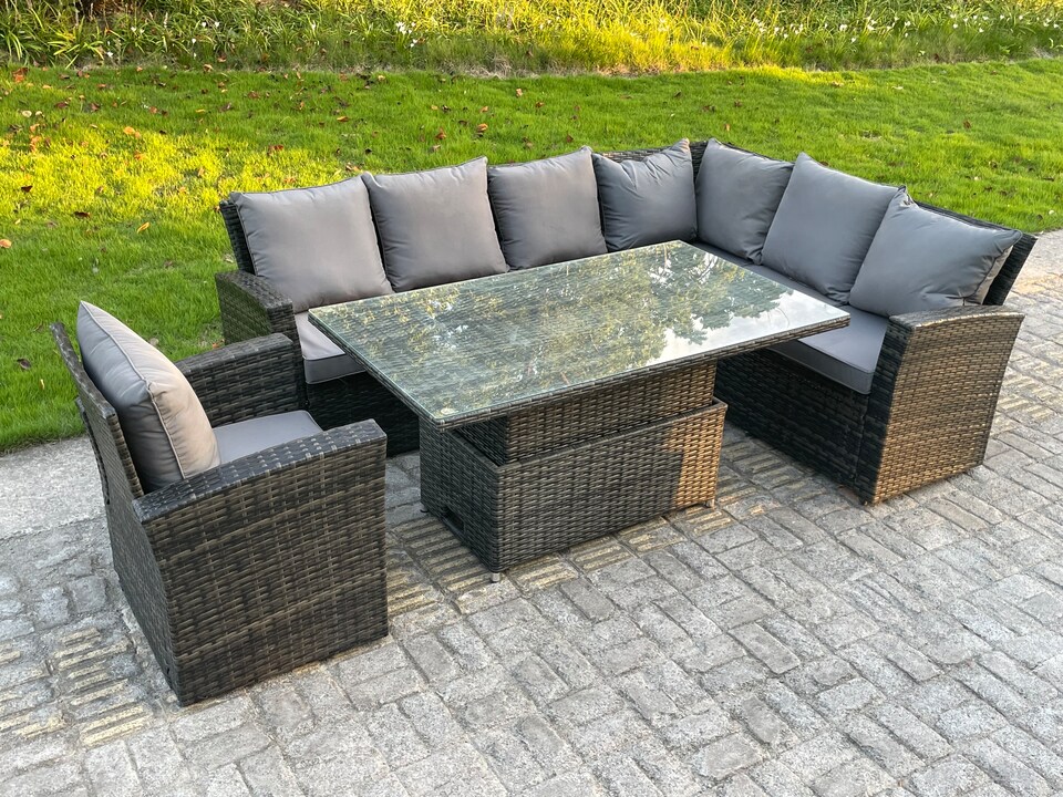 image 1 of Fimous High Back PE Rattan Corner Sofa Set Garden Furniture Adjustable Rising Lifting Table Set With Armchair