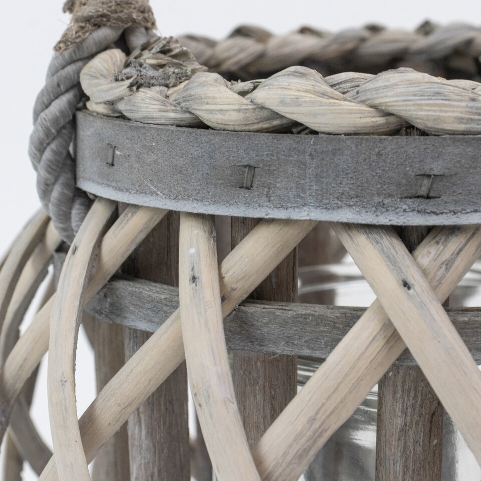 image 1 of JVL Luna Natural Round Willow Wood Lantern With Braided Rope Handle, Grey Wash